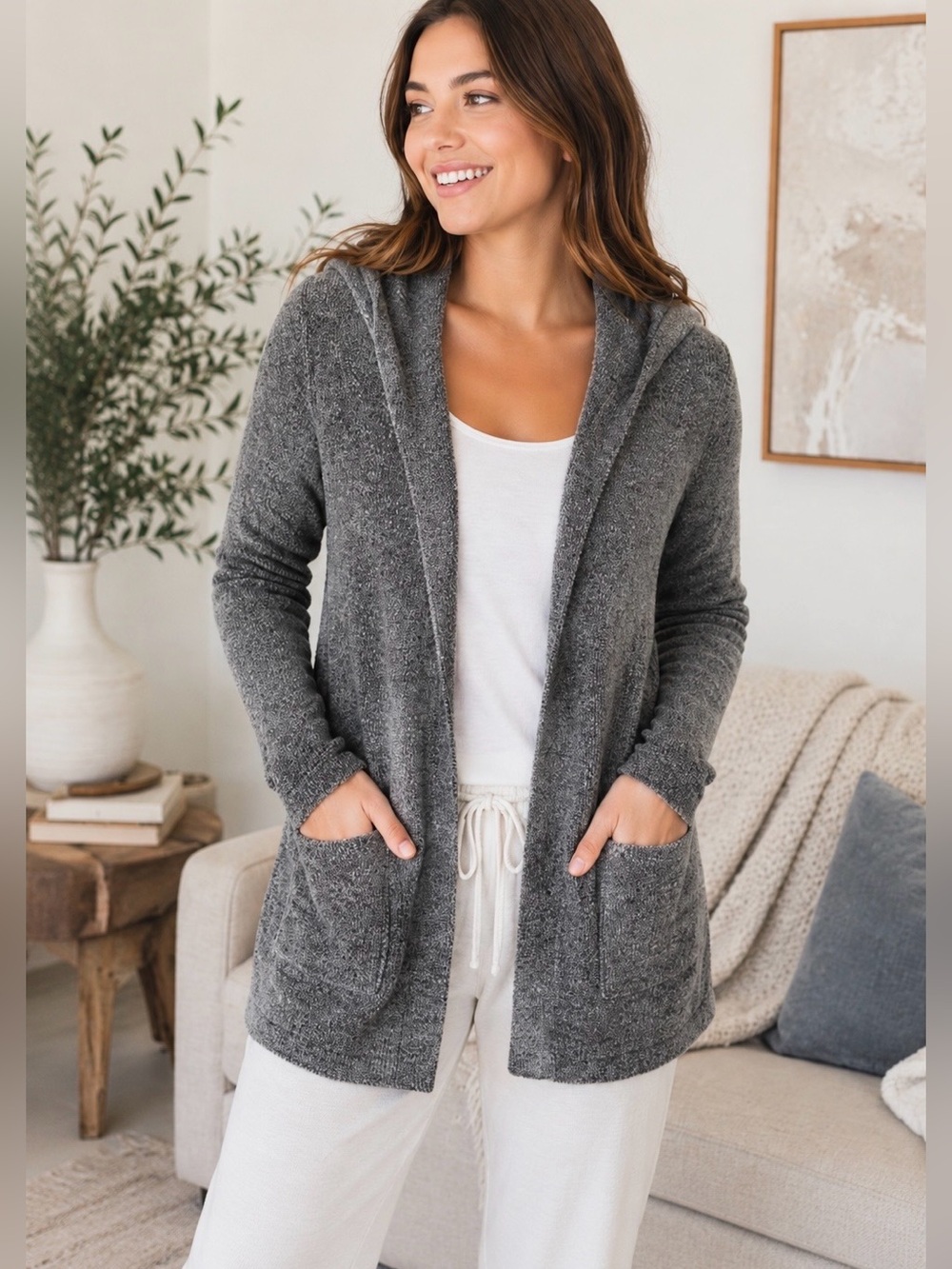 Barefoot Dreams Cozychic Lite Hooded Cardigan Xs Indigo Stone